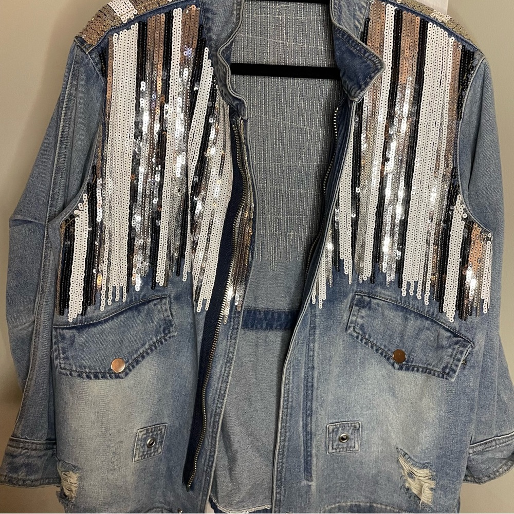 Scripted Distressed Denim Jacket With Sequin Embe… - image 4